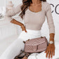 Pearl Trim Square Neck Ribbed Knit Long Sleeve Top
