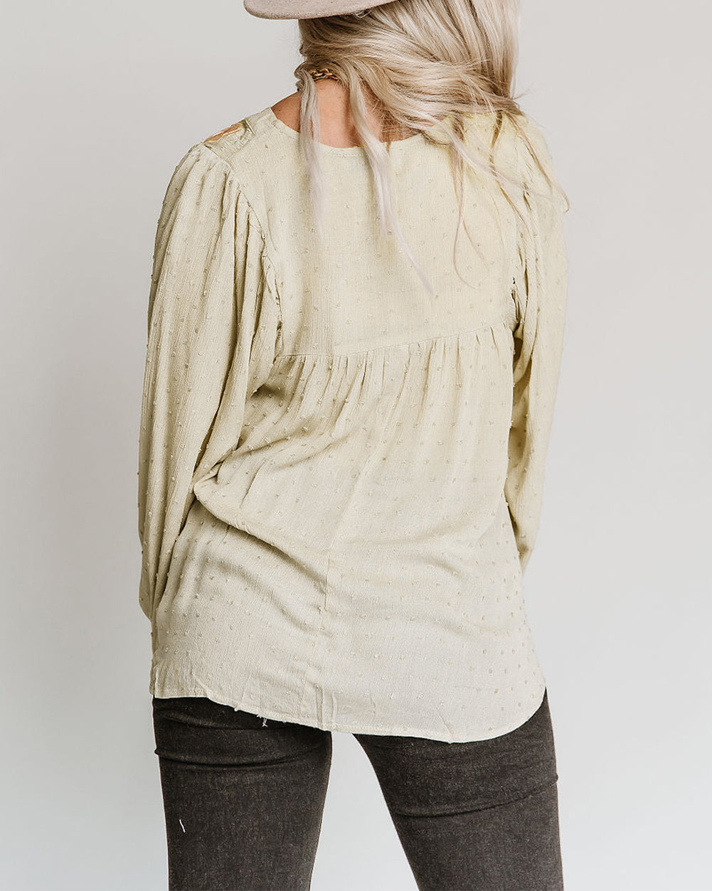 Floral Embroidered Swiss Dot Split Neck Babydoll Blouse