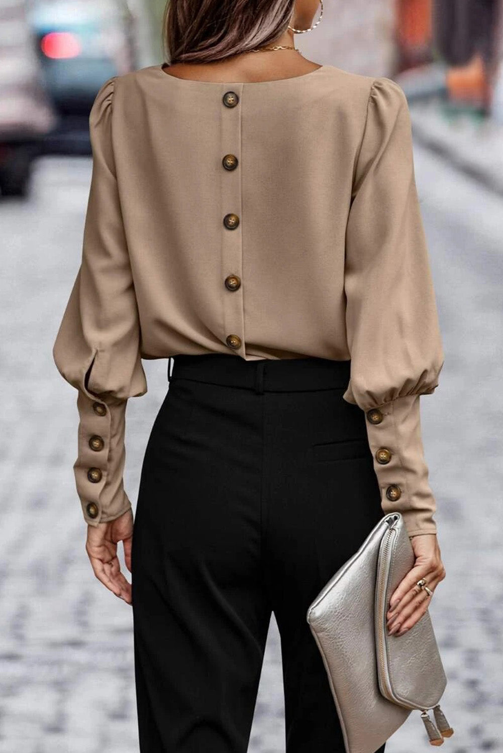 Plain Button Back Cuffed Puff Sleeve Blouse