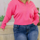 Solid Ribbed Trim Plus Size Zip Collar Sweater