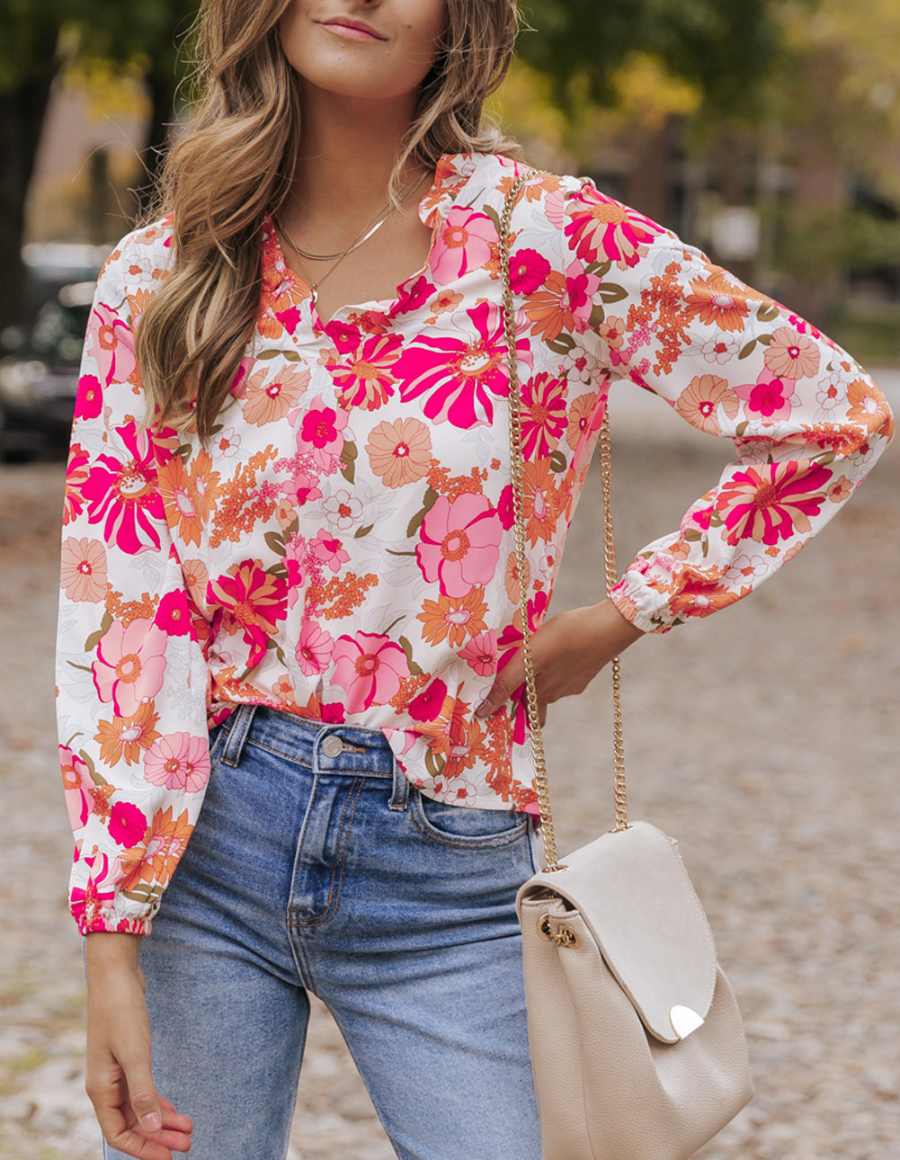 Floral Print Split V Neck Blouse