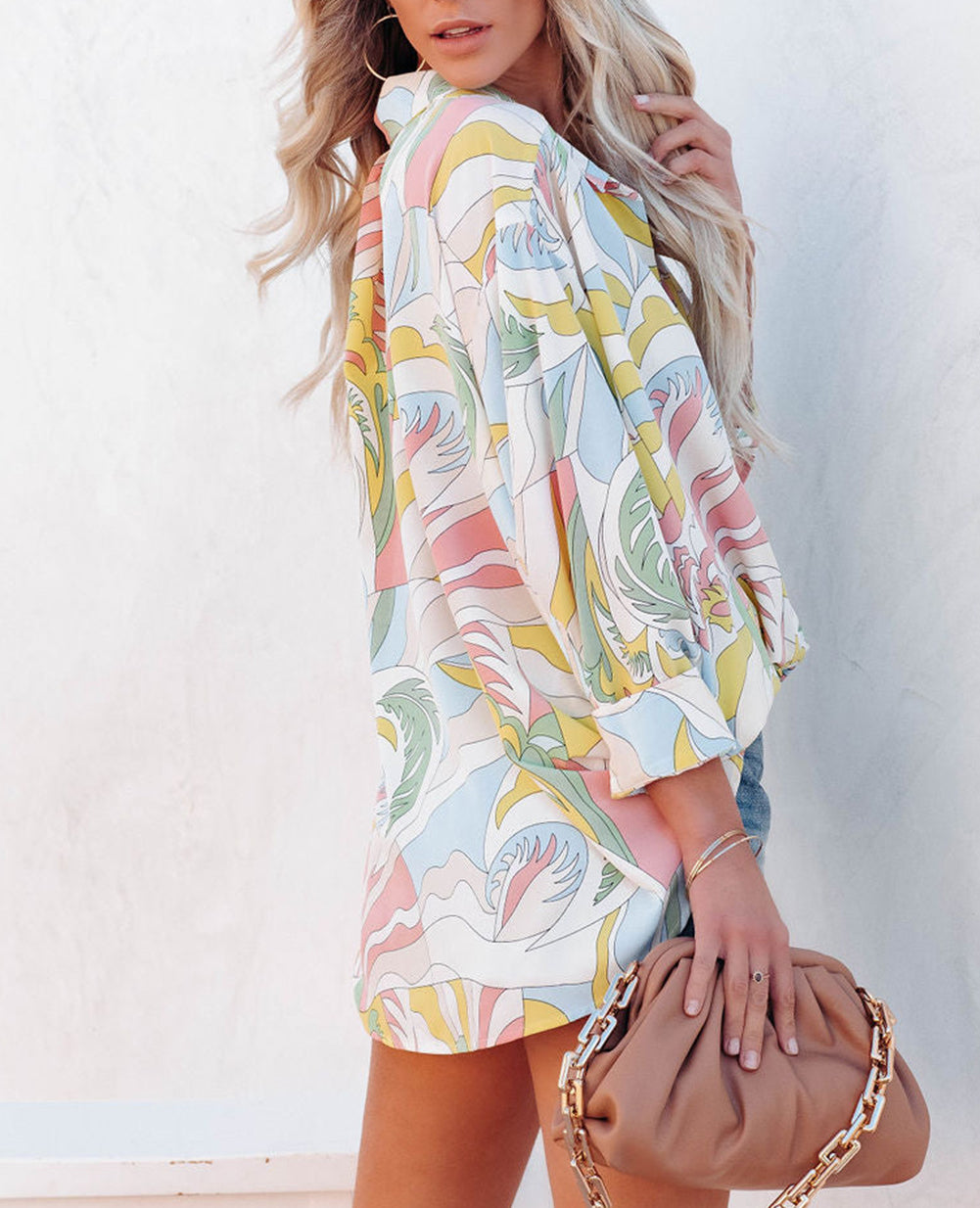 Abstract Printed Turn-Down Collar Loose Shirt