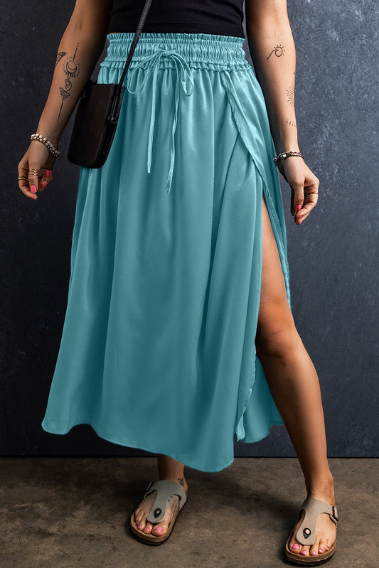 Drawstring Split Side Flowy Long Skirt
