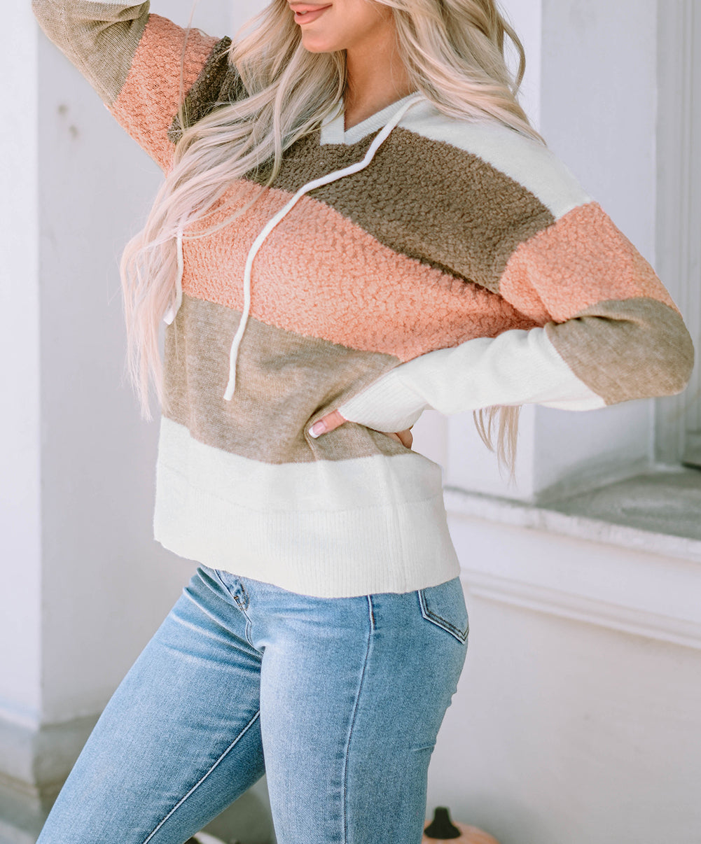 Color Block Knitted Drawstring Hooded Sweater