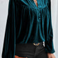 Lantern Sleeve Beaded Split V Neck Velvet Top