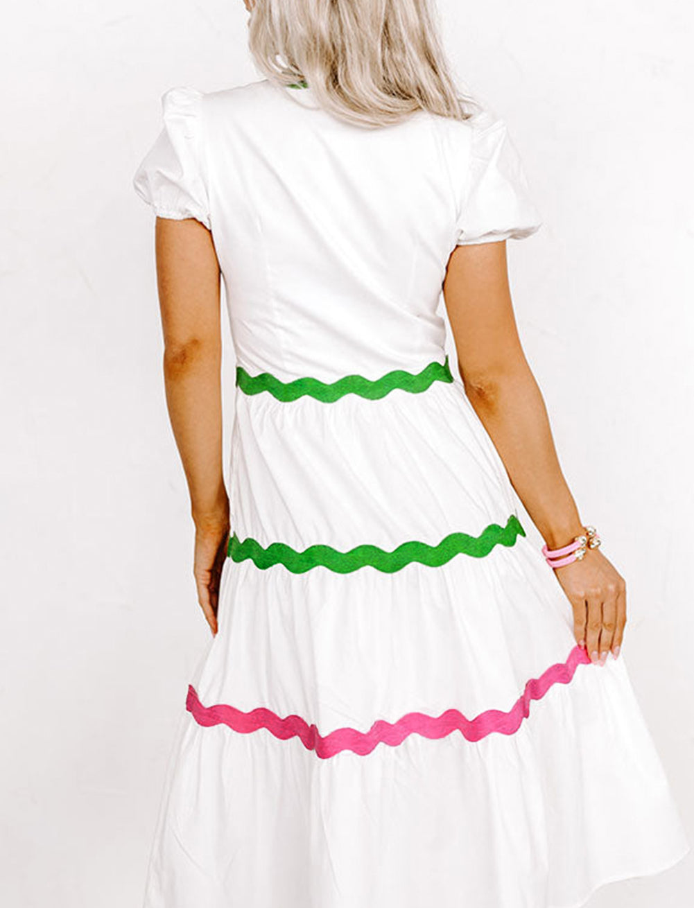 Ric Rac Trim Short Puff Sleeve Flowy Midi Dress