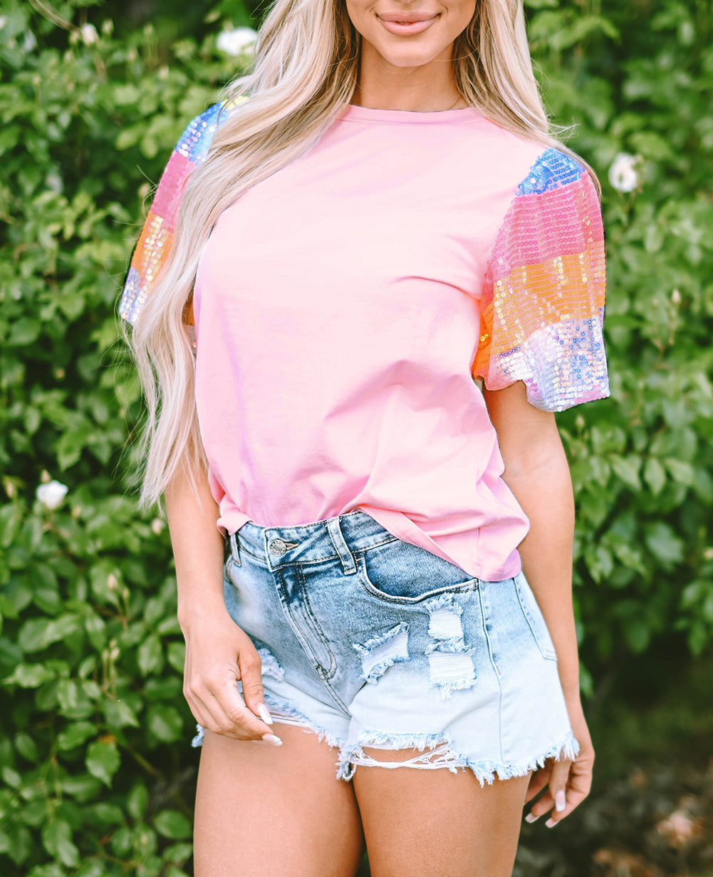 Sequin Colorblock Striped Puff Sleeve Top