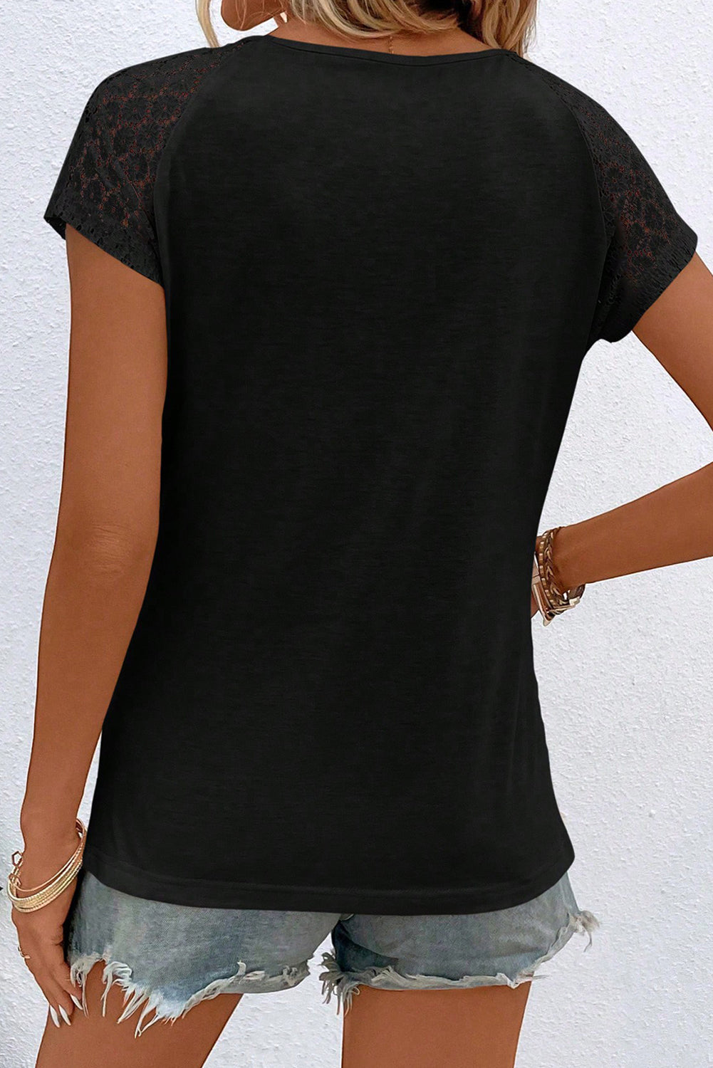 Contrast Lace Sleeve Keyhole Decor Top
