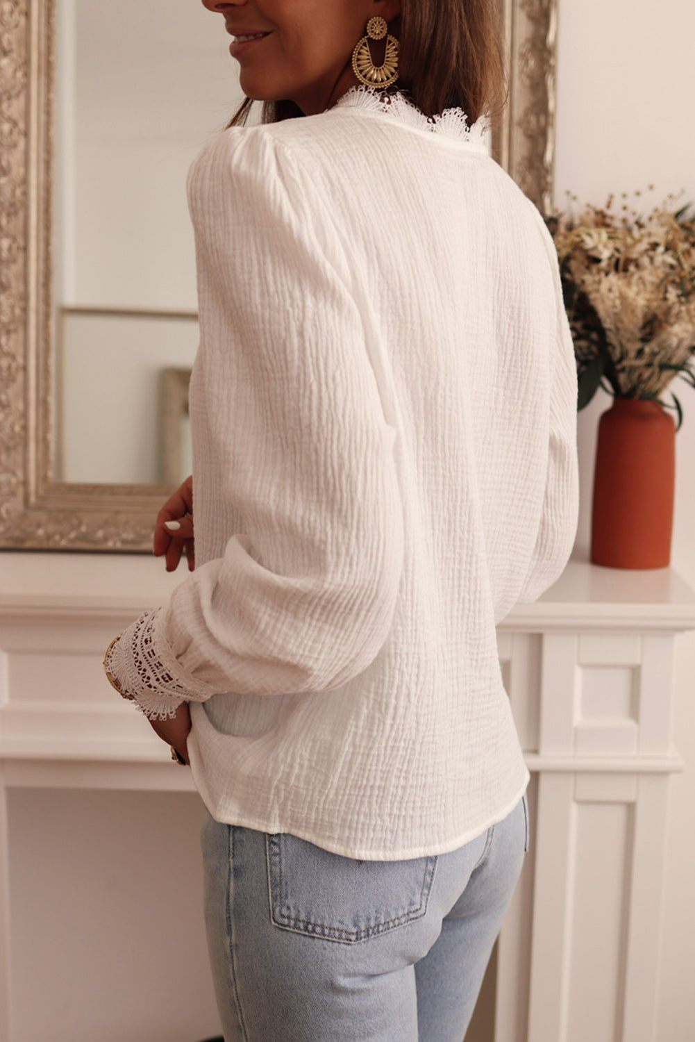 Lace Crochet Trim Deep V Neck Textured Blouse