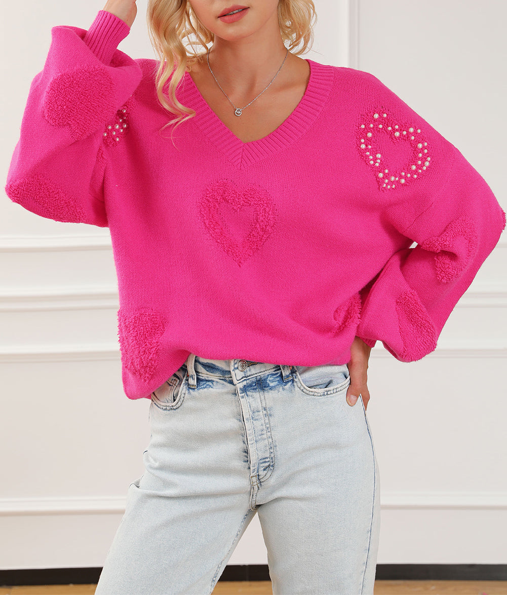 Pearl Embellished Fuzzy Hearts V Neck Sweater