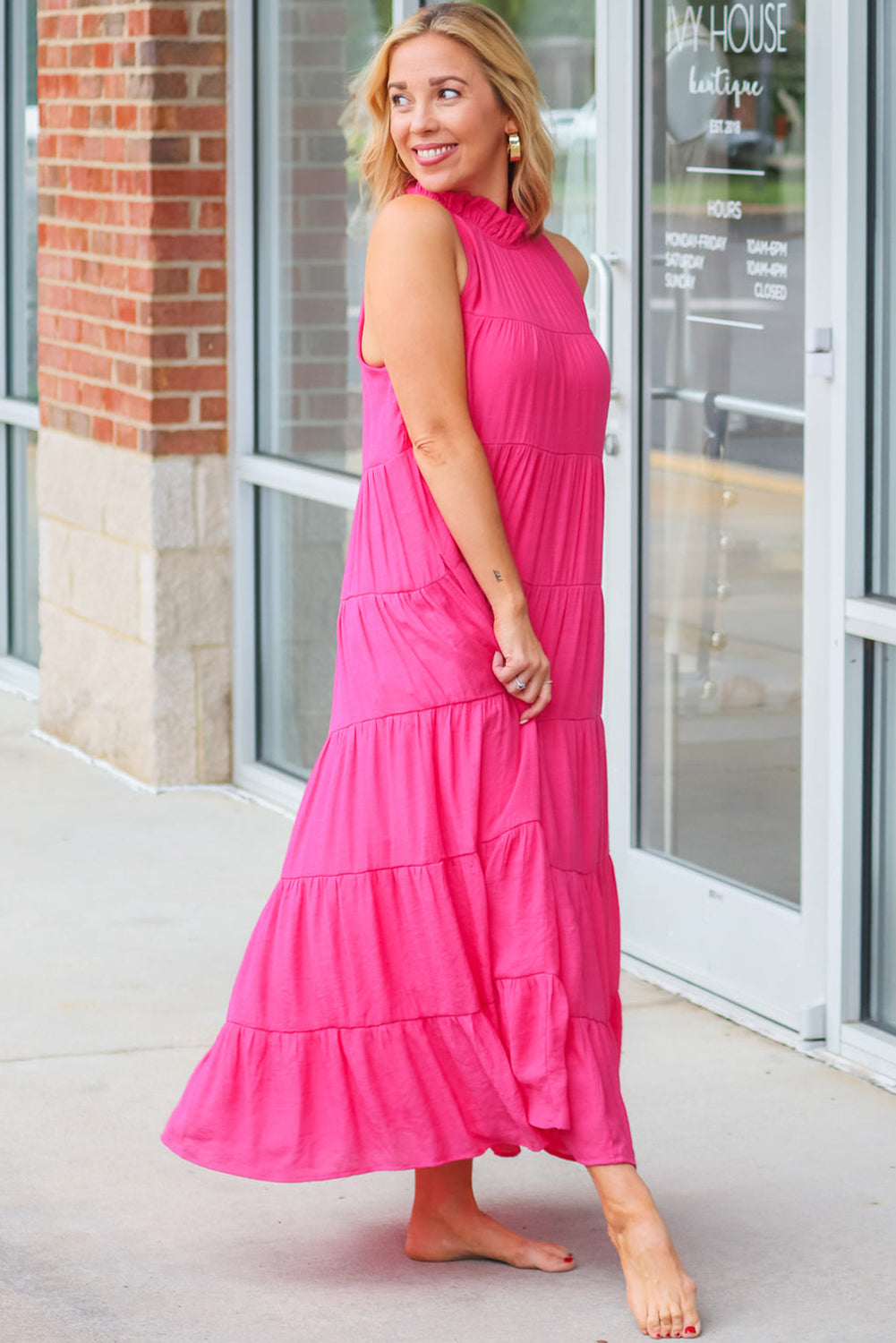 High Frilled Neck Tiered Sleeveless Maxi Dress