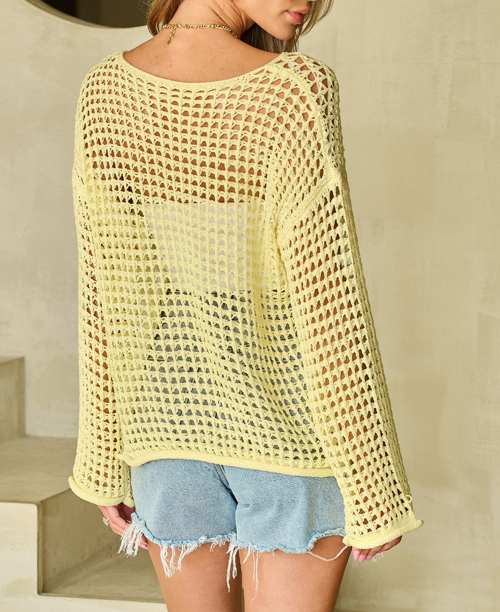 Open Knit Crochet Bell Sleeve Tunic Sweater