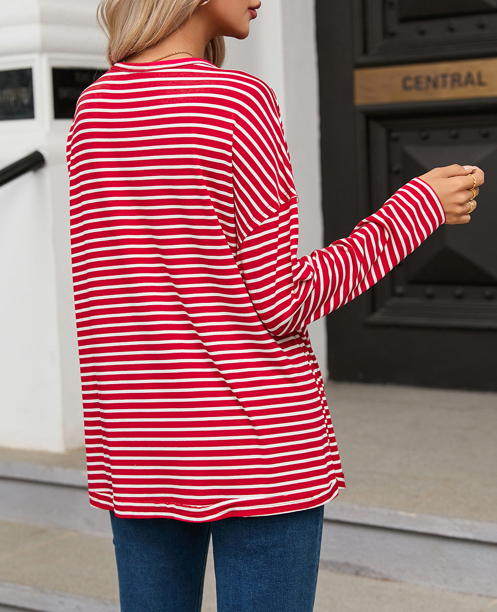 Striped Drop Shoulder Exposed Seam Long Sleeve Top