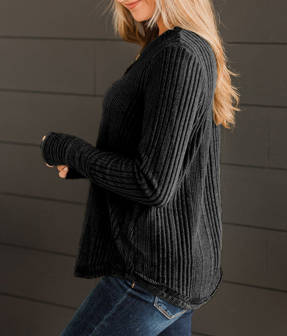 V Neck Buttoned Ribbed Knit Top