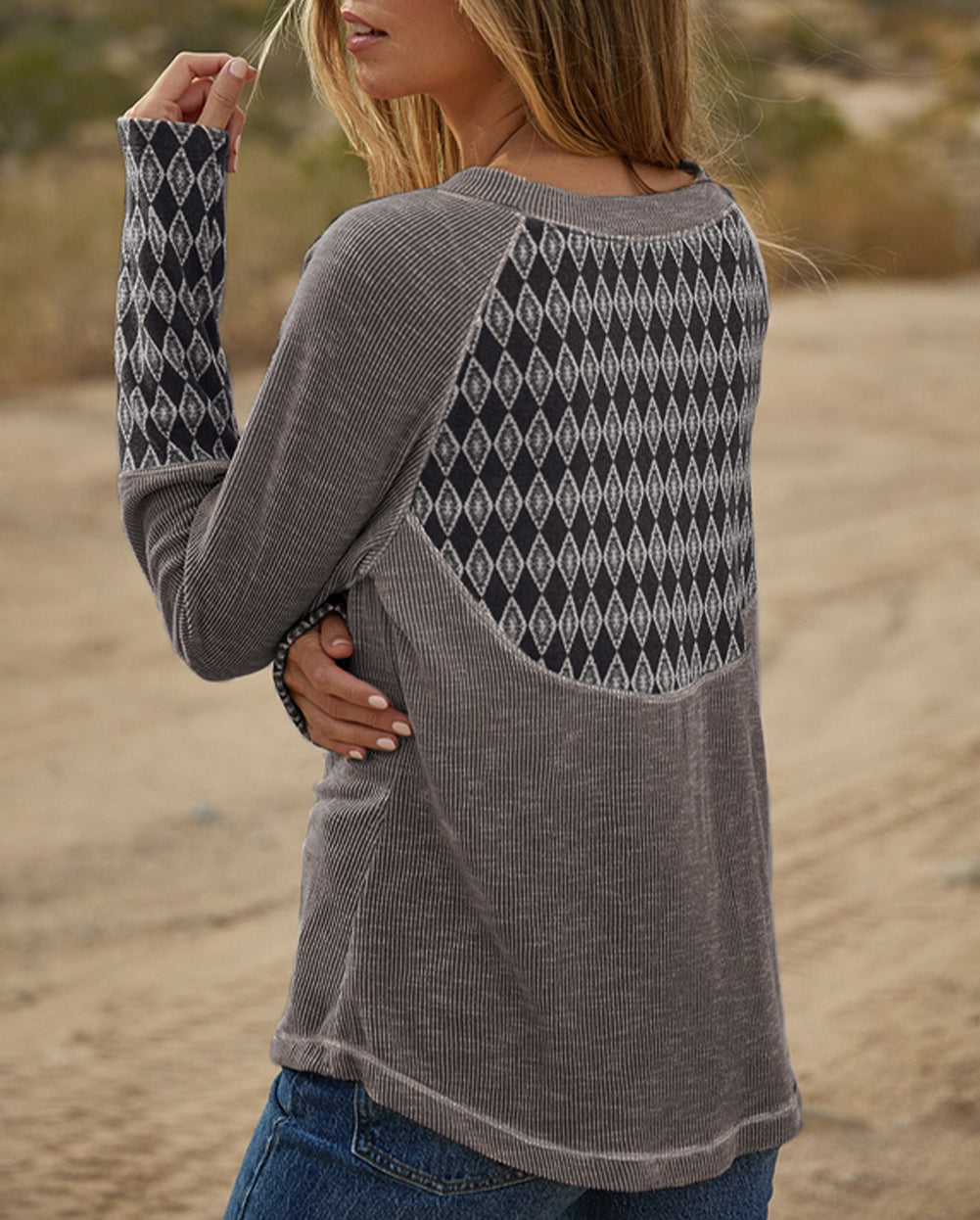 Aztec Patchwork Ribbed Long Sleeve Top