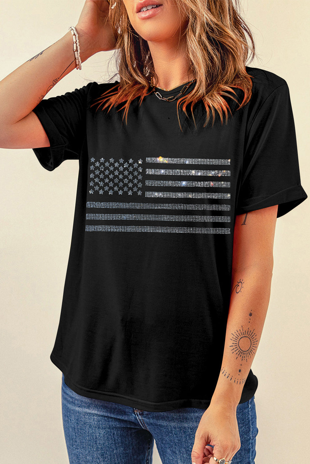Glittering Rhinestone American Flag Pattern T Shirt