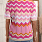 Stripe Chevron Pointelle Knit V Neck Short Sleeve Sweater