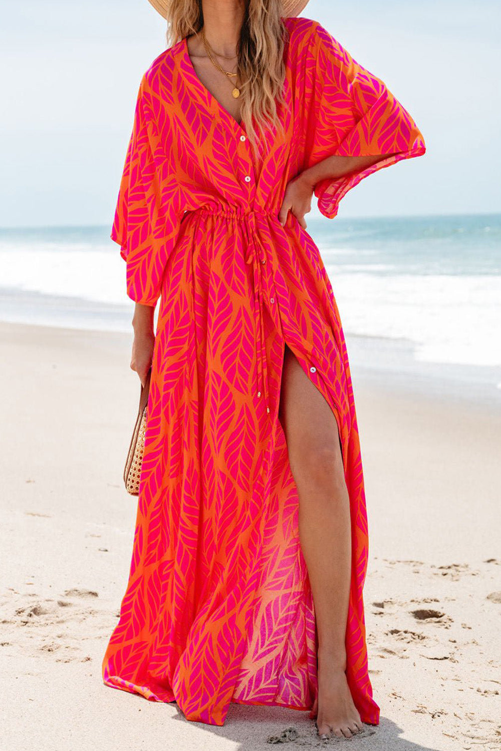 Leafy Print 3/4 Sleeve V Neck Buttoned Split Maxi Dress