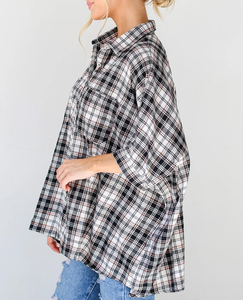 Plaid Print Chest Pockets Oversize Shirt