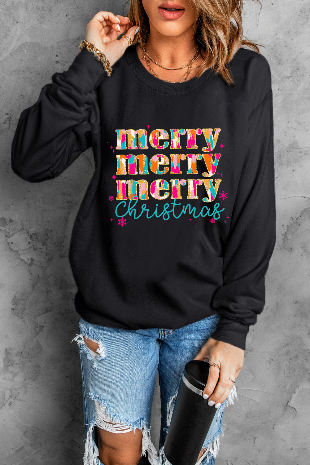 Merry Christmas Painted Crew Neck Graphic Sweatshirt