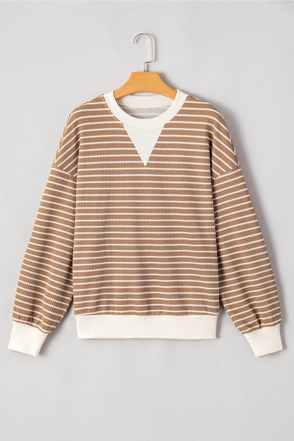 Stripe Patched Edge Textured Round Neck Long Sleeve Top