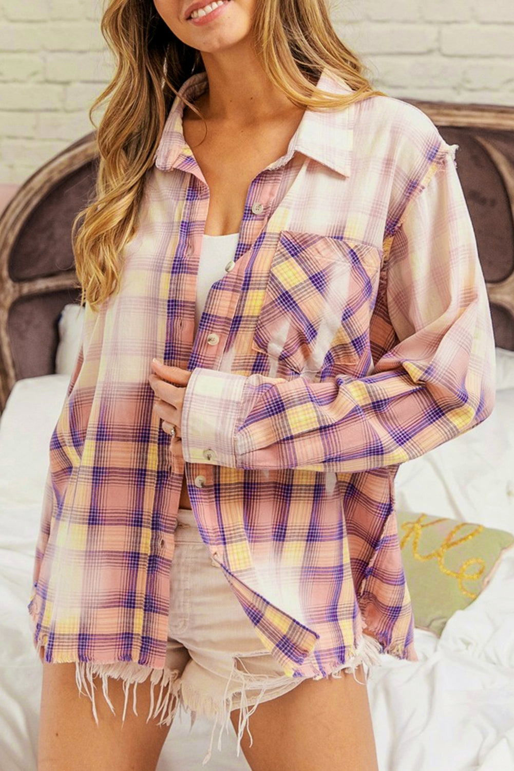 Bleached Plaid Print Exposed Seam Shirt
