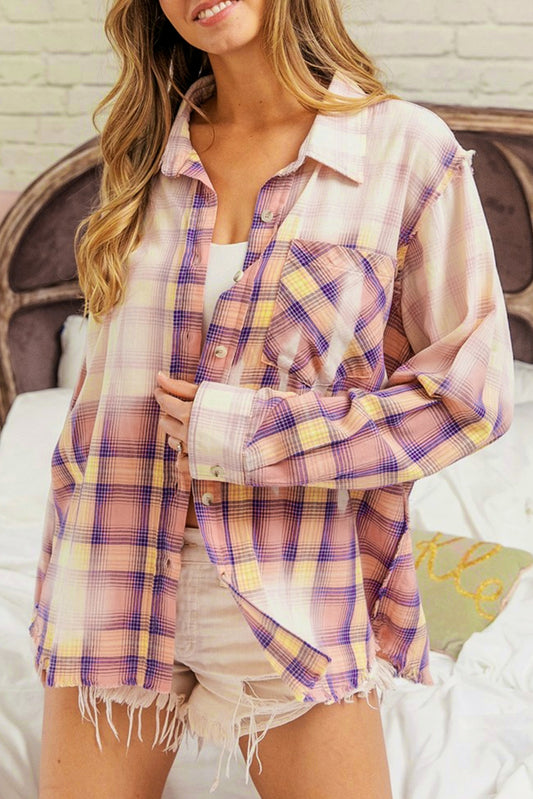 Bleached Plaid Print Exposed Seam Shirt