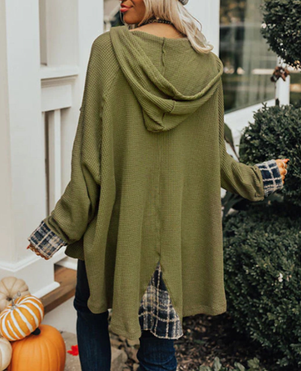 Flowy Plaid Accent Waffle Knit Henley Hoodie