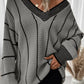 Colorblock Striped V Neck Knitted Loose Sweater