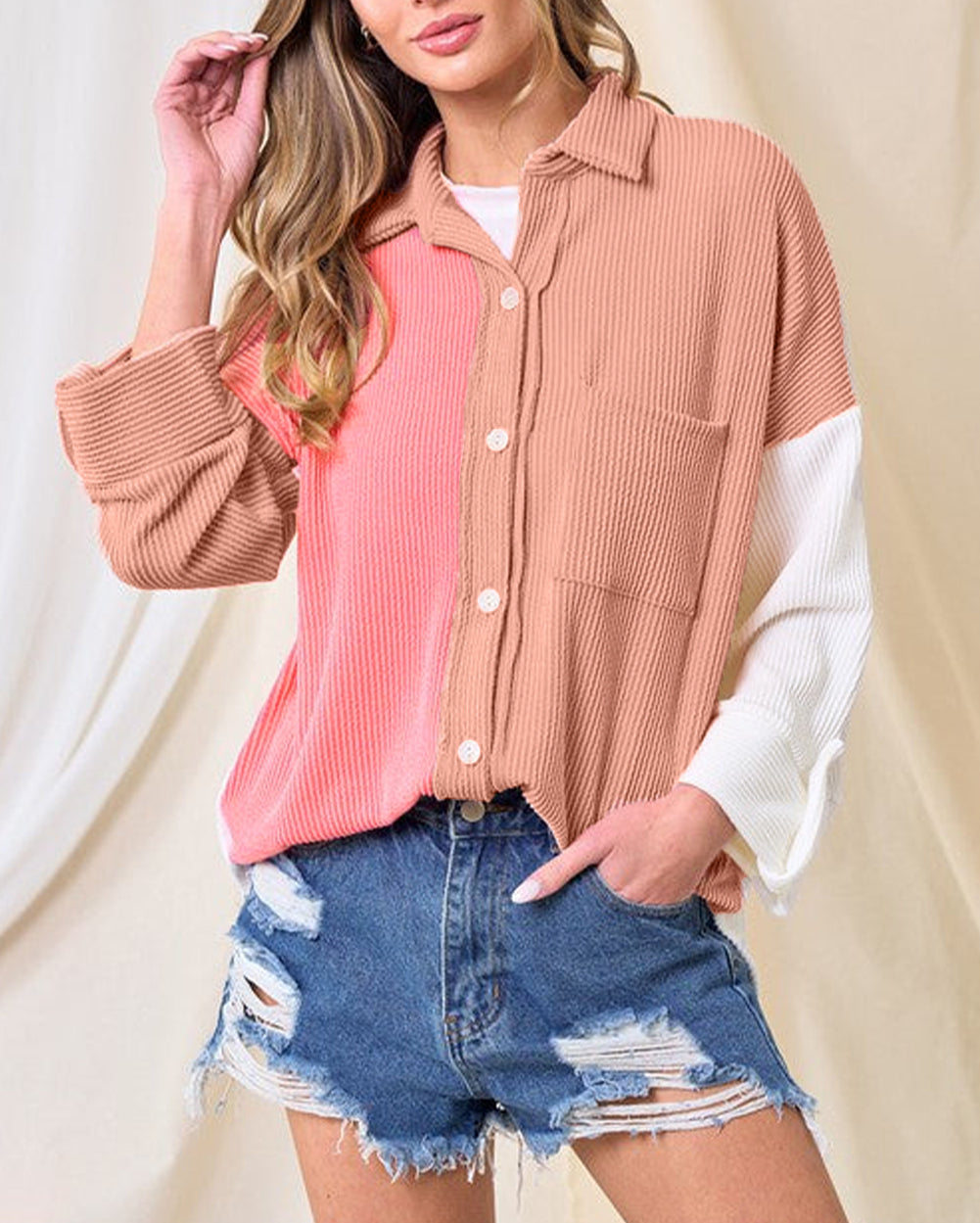 Ribbed Colorblock Drop Shoulder Shirt with Pocket