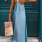Contrast Straps Pocketed Long Chambray Dress