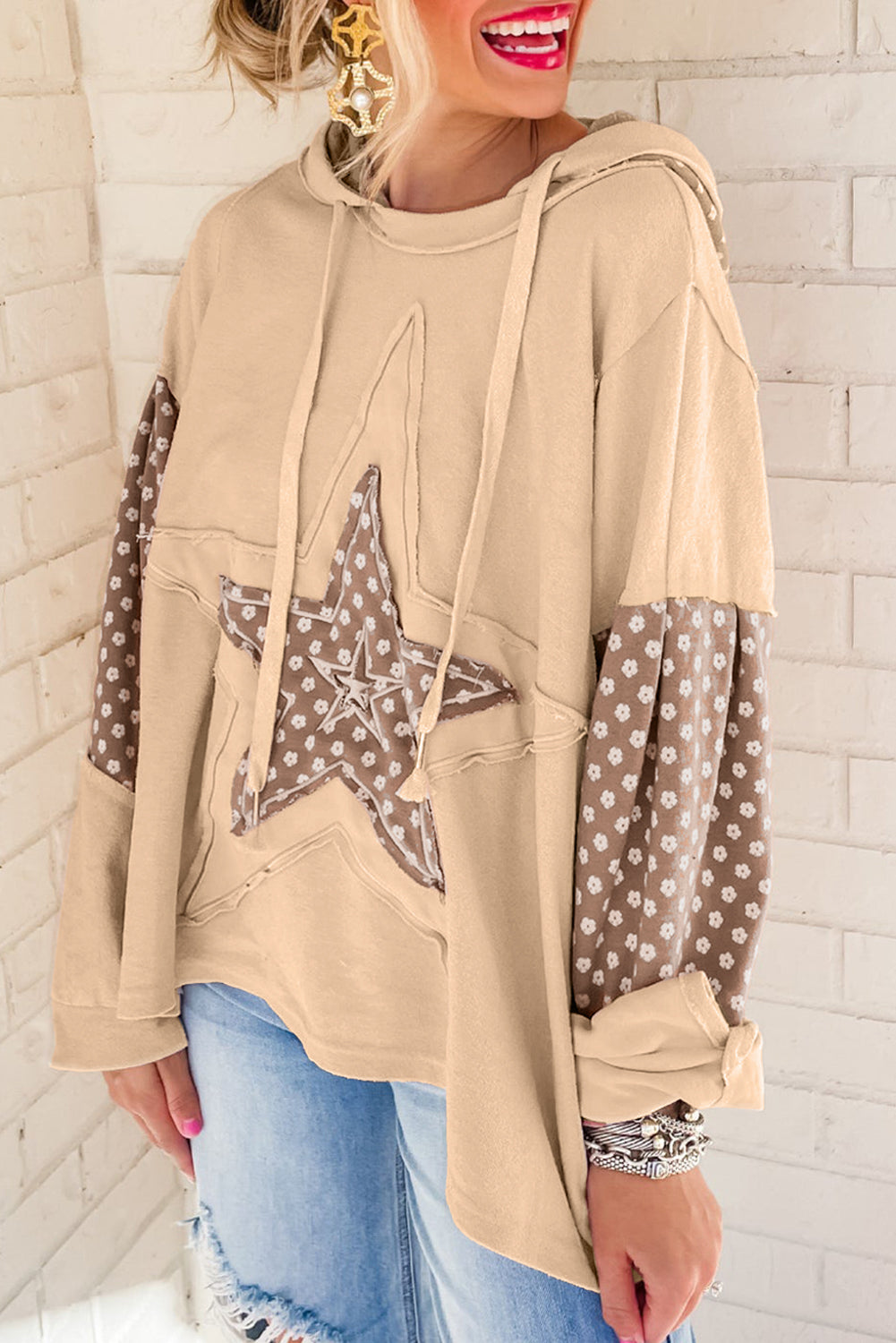 Floral Patchwork Star Pattern Drawstring Hoodie