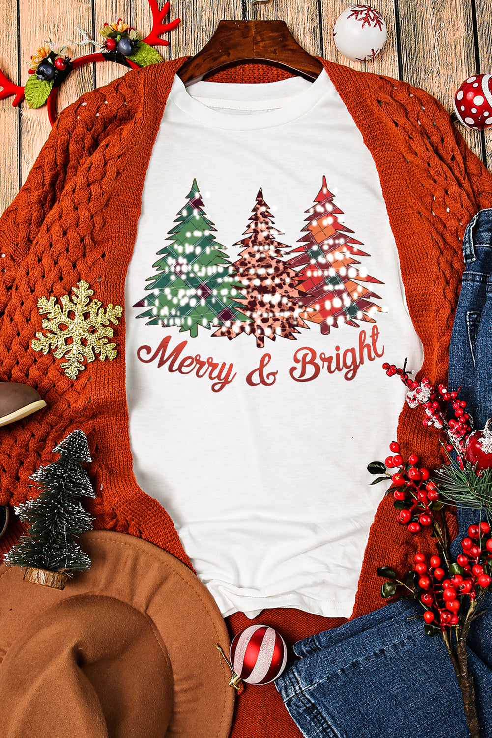 Merry and Bright Christmas Tree Print Crew Neck T Shirt