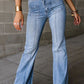 Fly Button Exposed Seam Patched Pocket Flare Jeans
