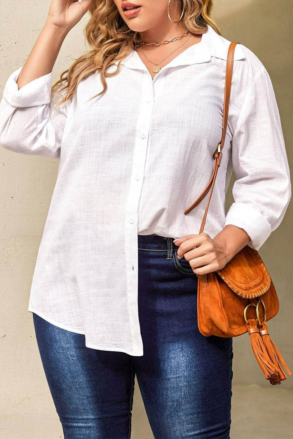 Plus Size Linen Textured Button Up Shirt