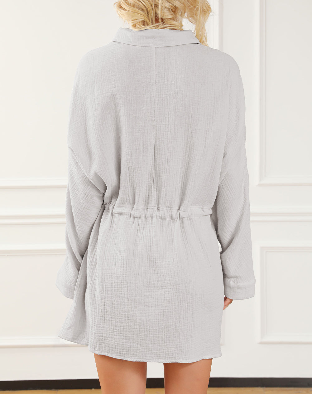 Rolled-Up Sleeve Buttoned Drawstring Textured Dress