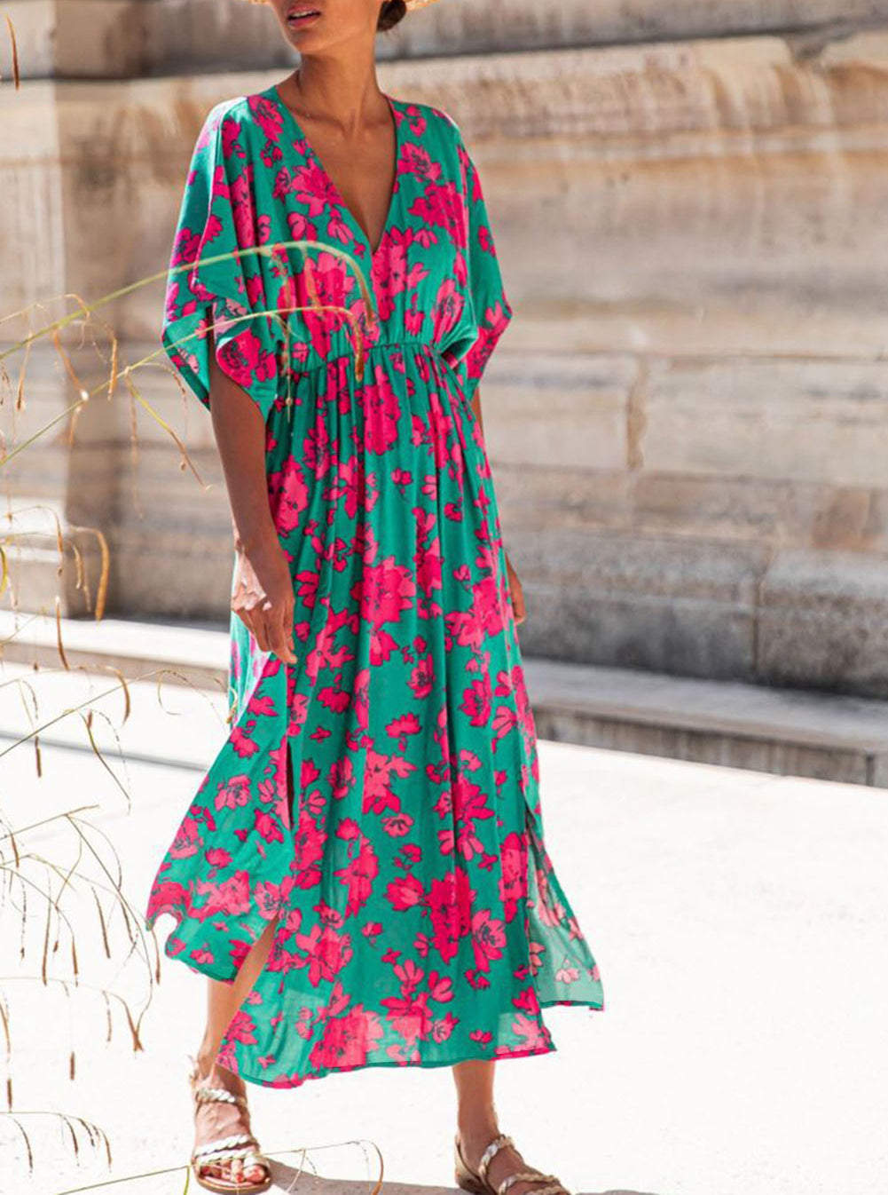 Printed V Neck Short Sleeve Split Flared Maxi Dress