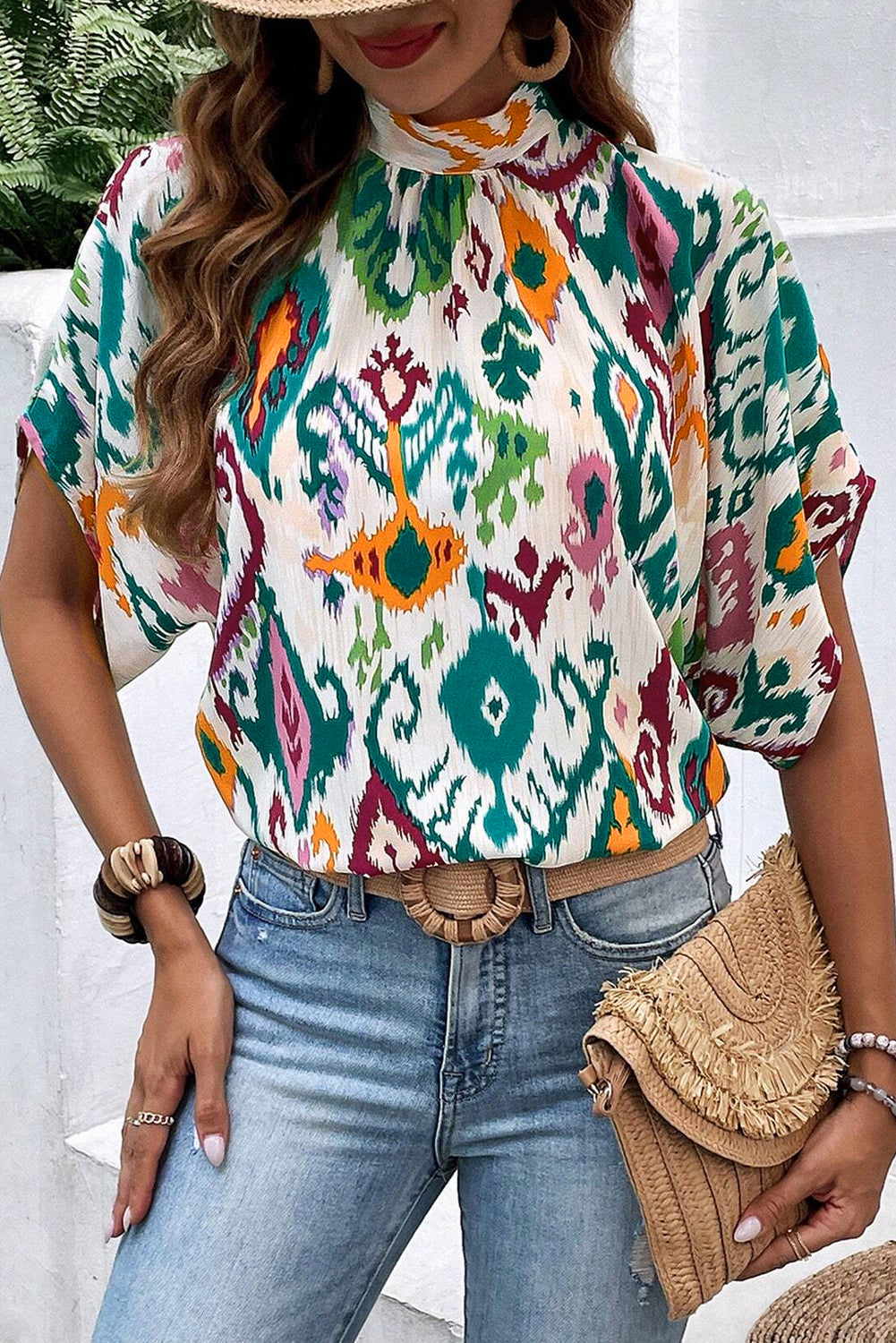 Western Print High Neck Bat Sleeve Blouse