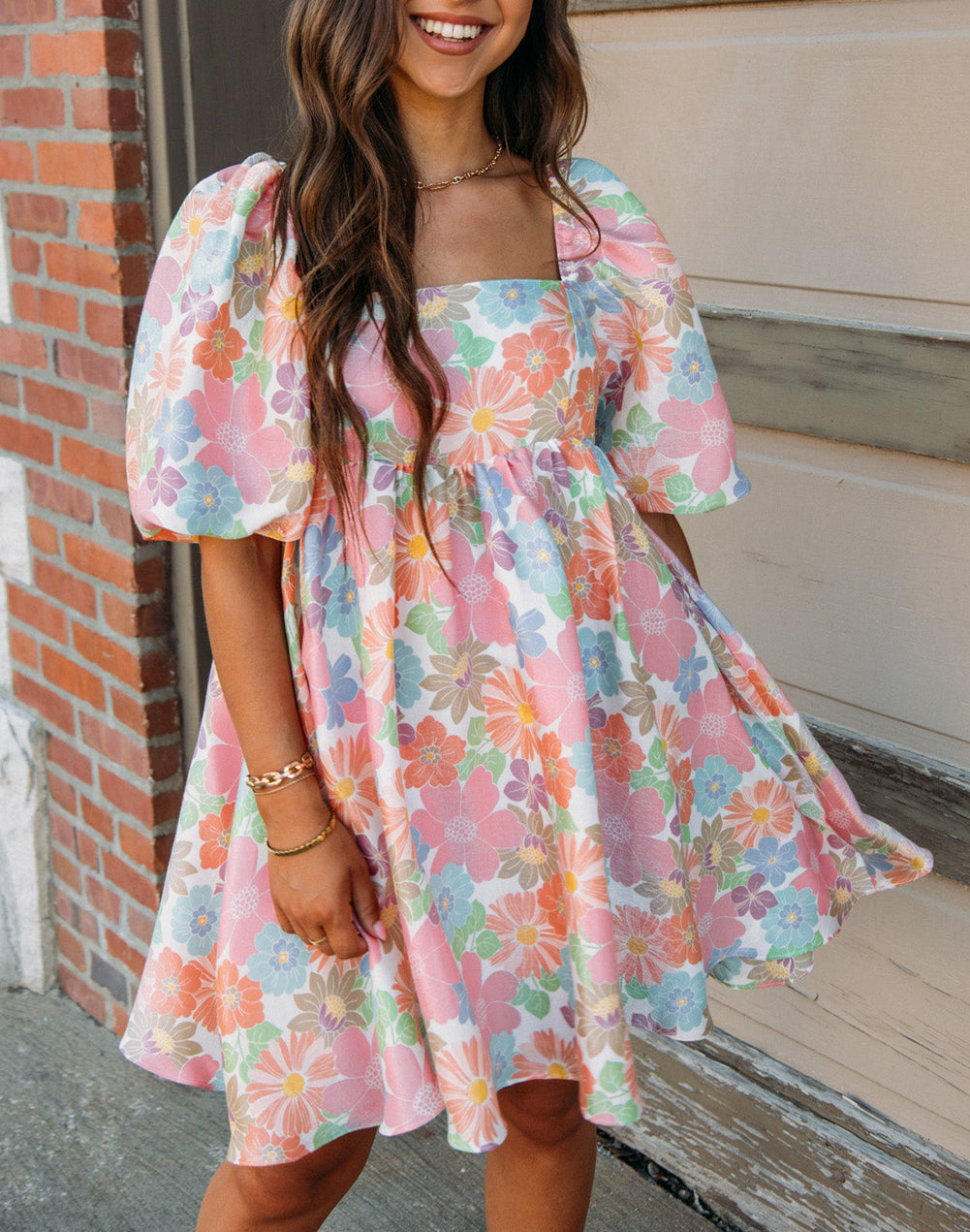 Floral Square Neck Puff Sleeve Babydoll Dress