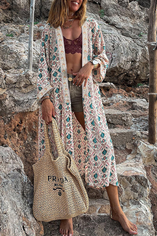 Embroidered Detail Western Geo Print Long Kimono