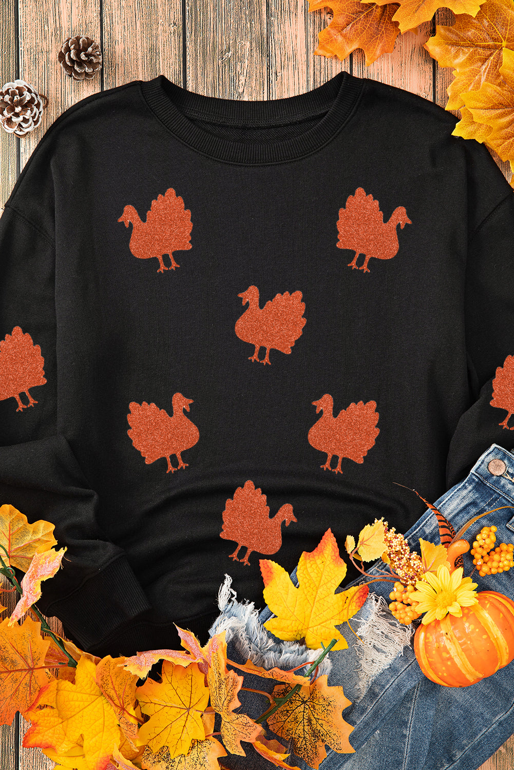 Glittering Turkey Graphic Drop Shoulder Thanksgiving Sweatshirt