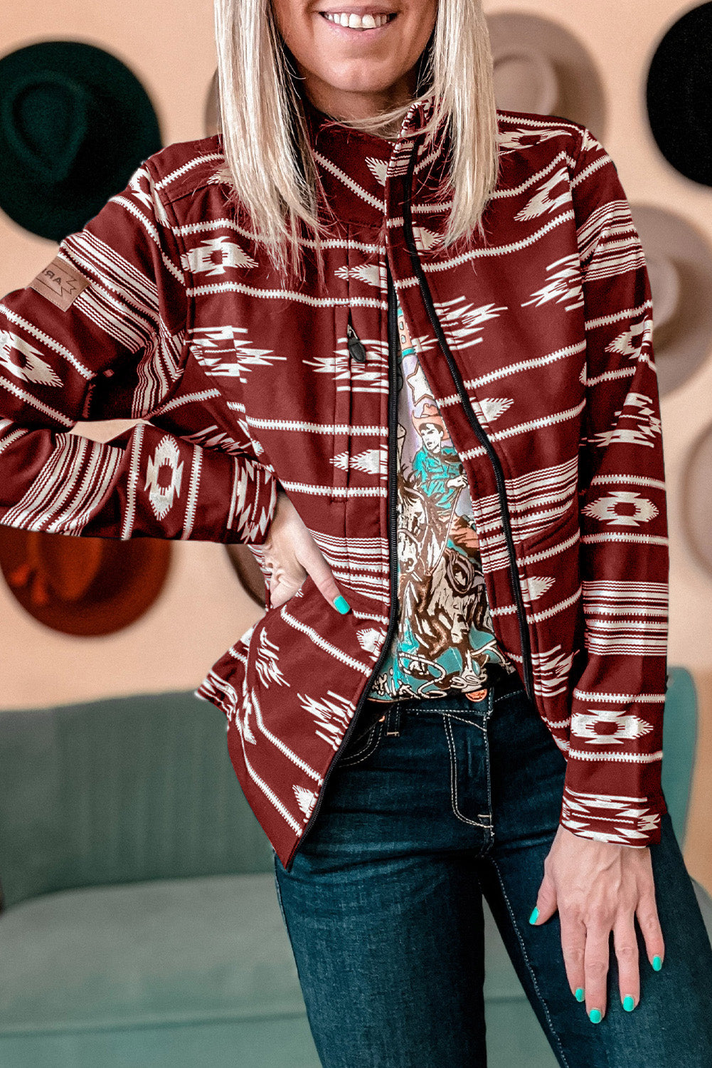 Western Aztec Print Zipped Jacket
