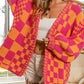 Open Front Mixed Checkered Pattern Knit Cardigan