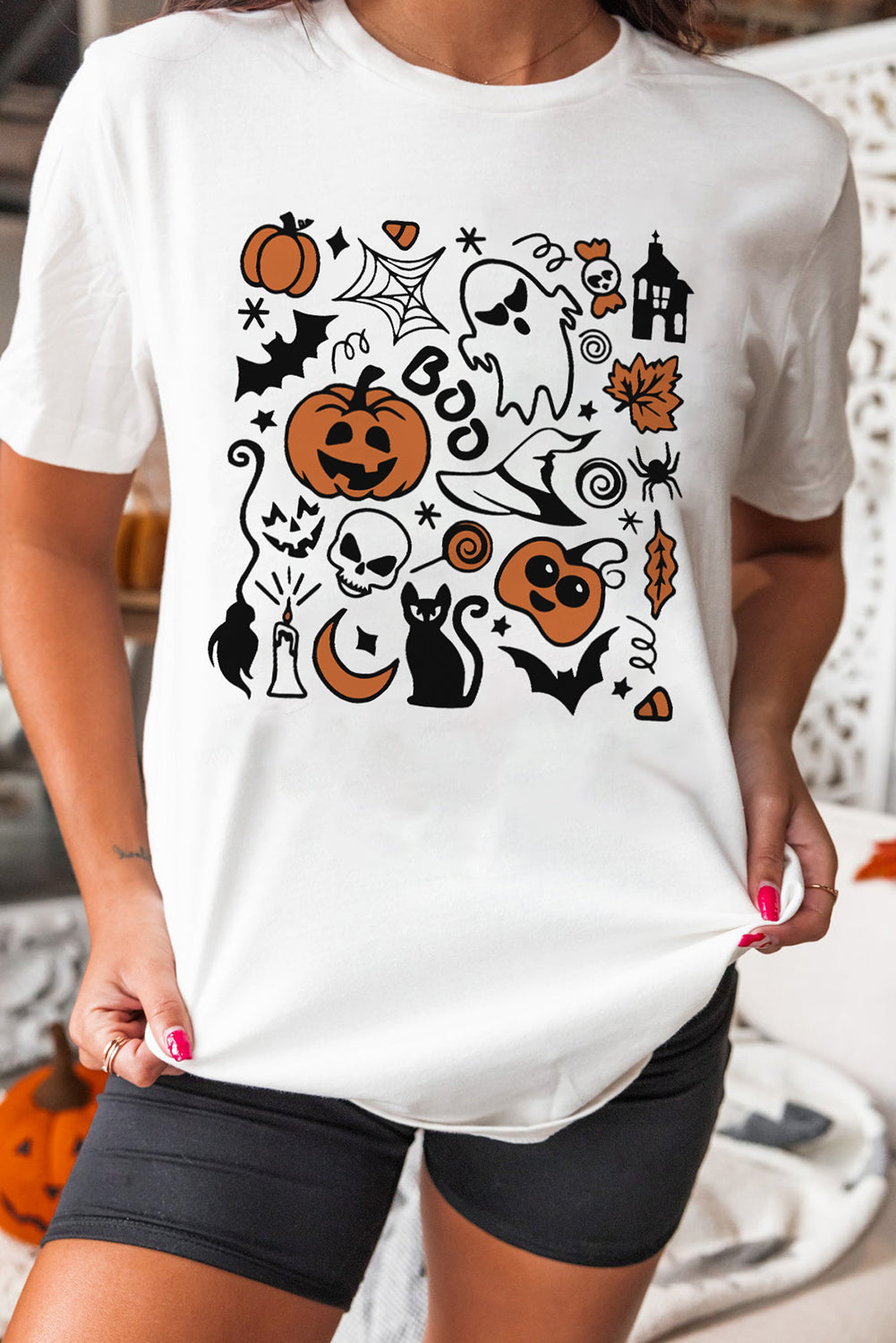 Pumpkin Ghost Print Halloween Crewneck T Shirt