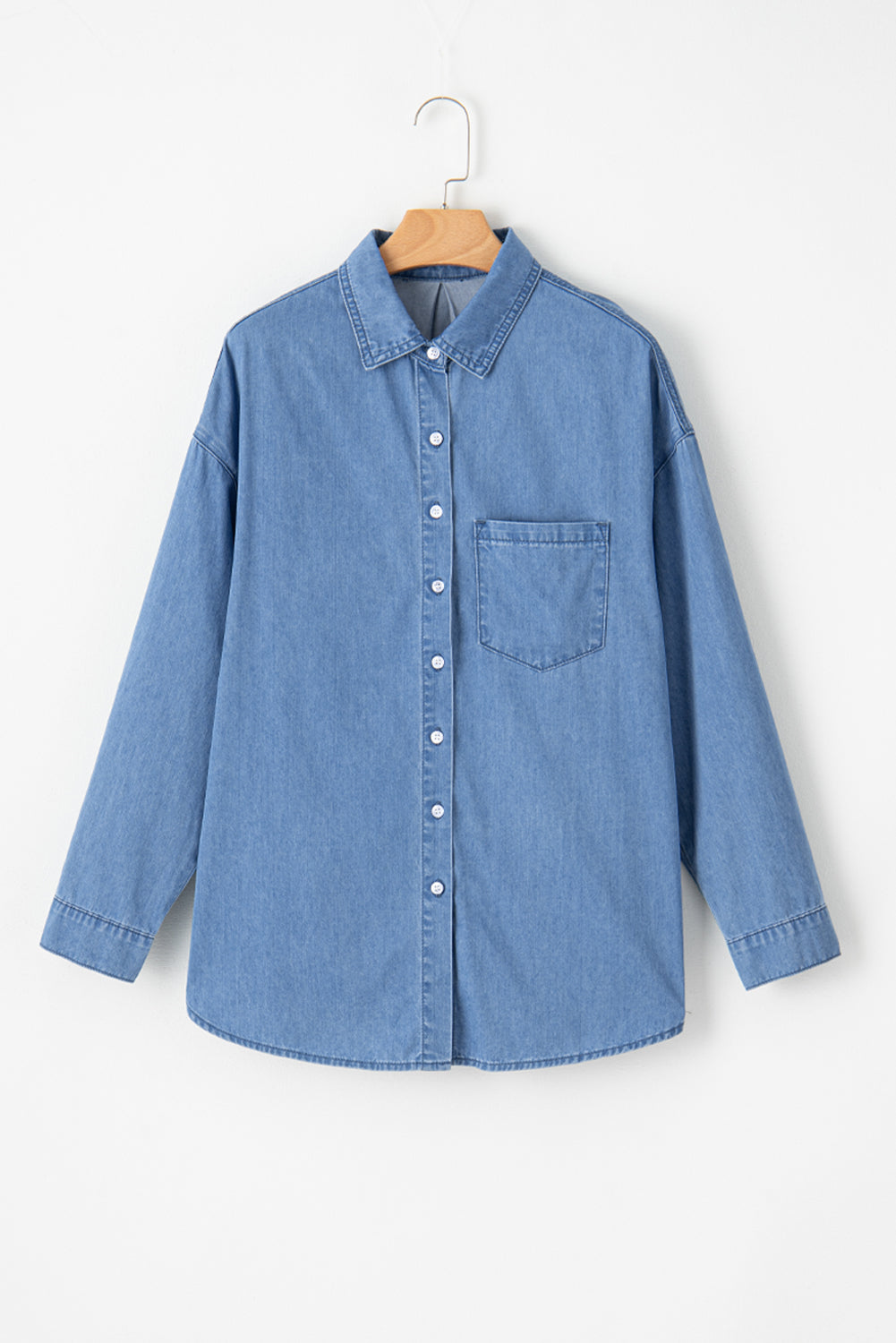 Solid Color Oversized Patched Pocket Buttoned Shirt