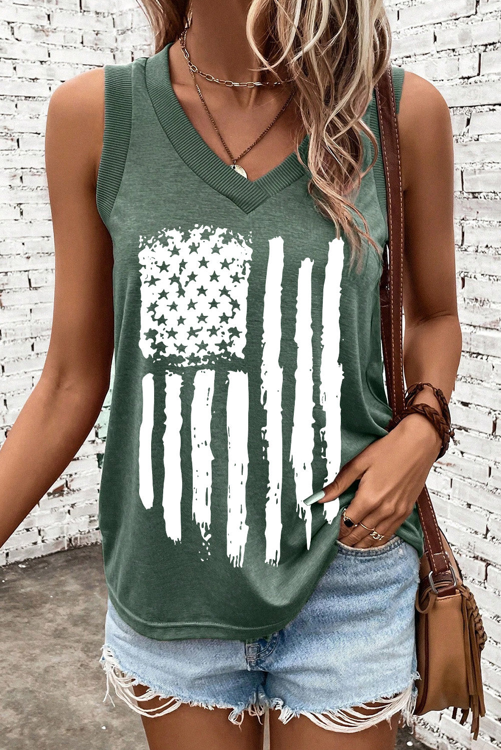 Frayed American Flag Printed V Neck Tank Top