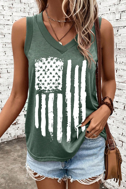 Frayed American Flag Printed V Neck Tank Top