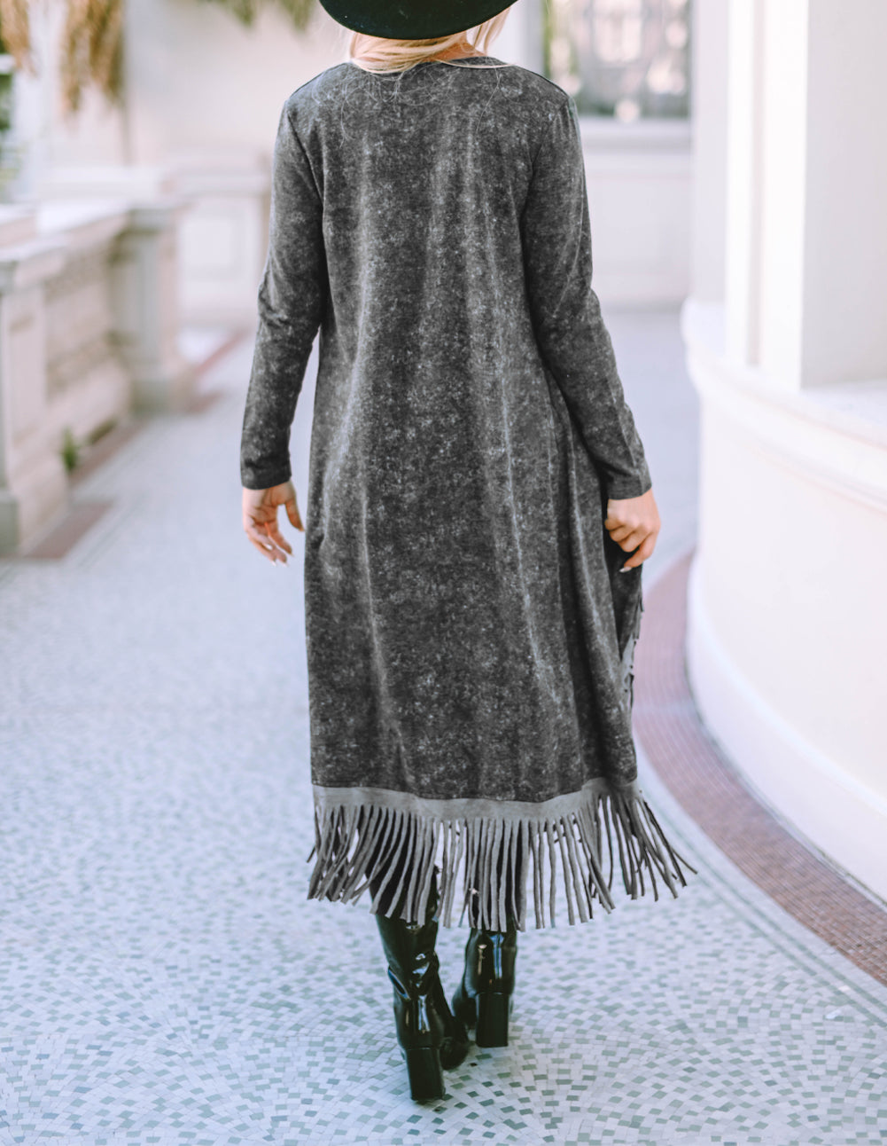 Fringed Hem Pocketed Open Cardigan