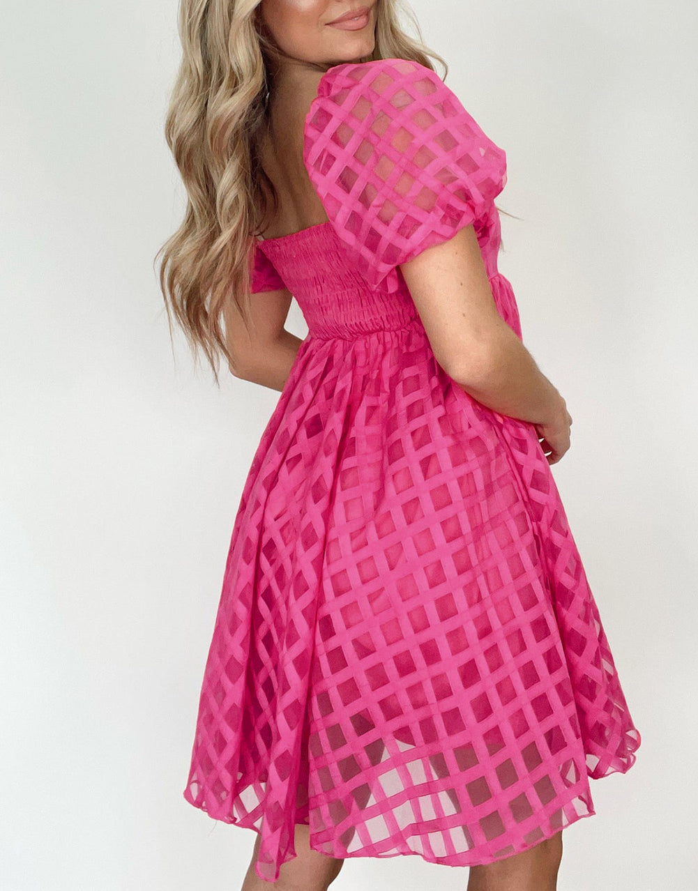 Checkered Puff Sleeve Babydoll Dress