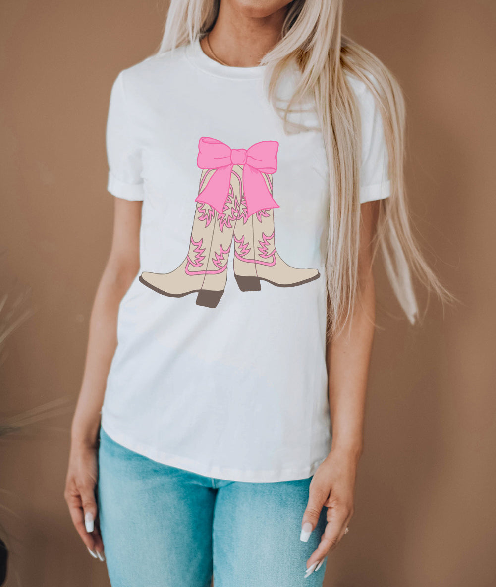 Western Boots Bow Print Round Neck T Shirt